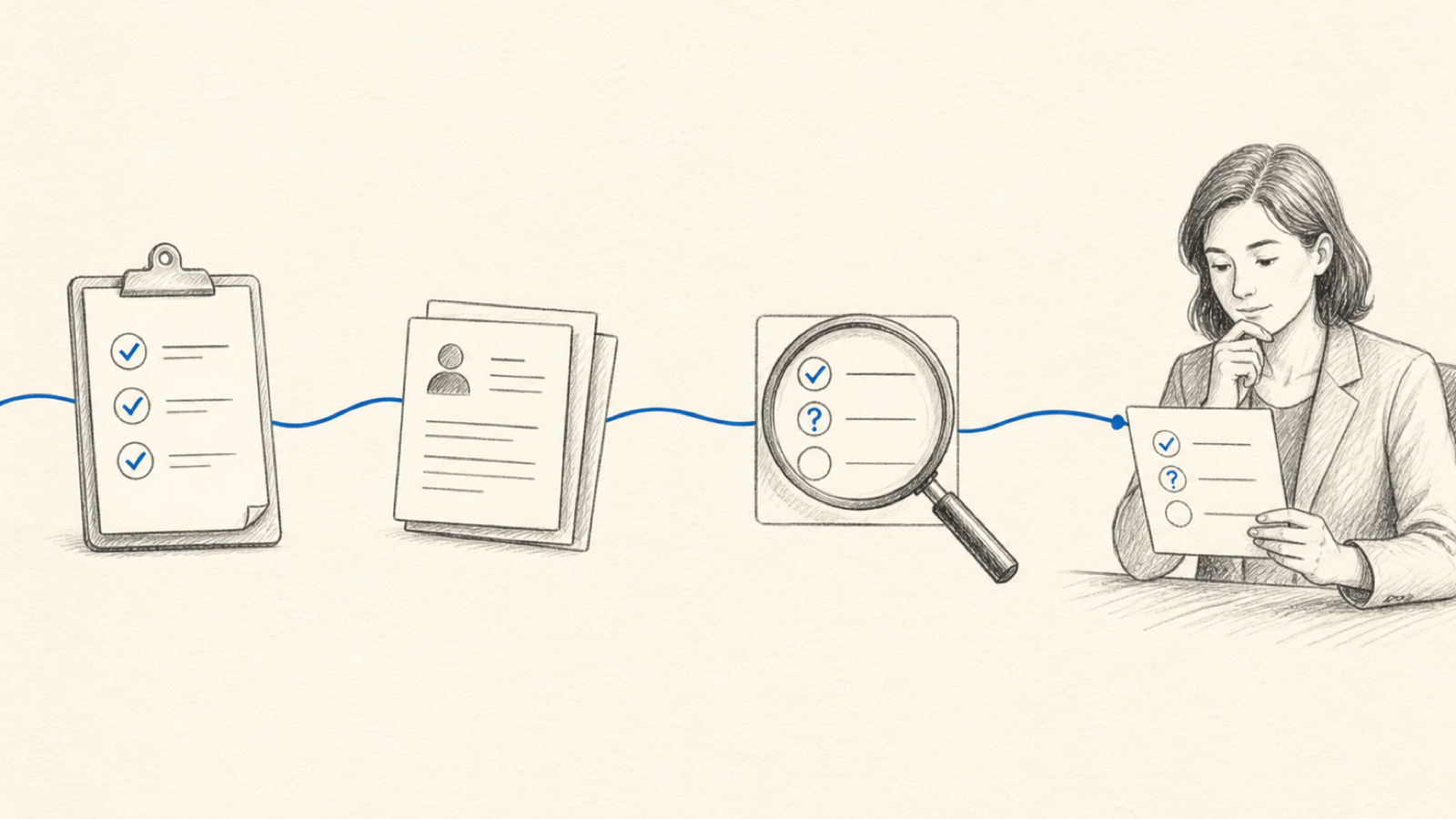 Hand-drawn workflow showing job criteria, resume evidence, AI-assisted review, and a recruiter making the final screening decision.