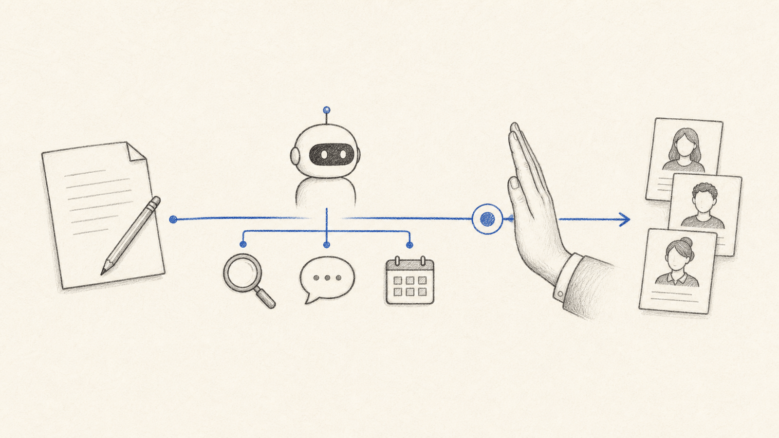 Minimal sketch of a role brief flowing through AI-assisted sourcing, outreach, and scheduling before pausing at a human checkpoint and candidate shortlist.